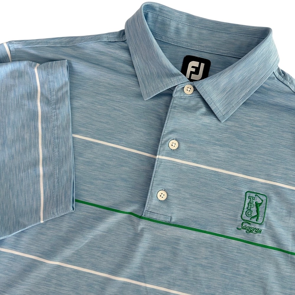 FootJoy TPC Sawgrass Mens Large Blue Striped Short Sleeve‎ Golf Polo Shirt